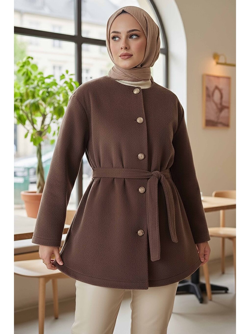 Bej Değmeli Kuşaklı Kaşe Ceket Vizon - 28008-VIZON