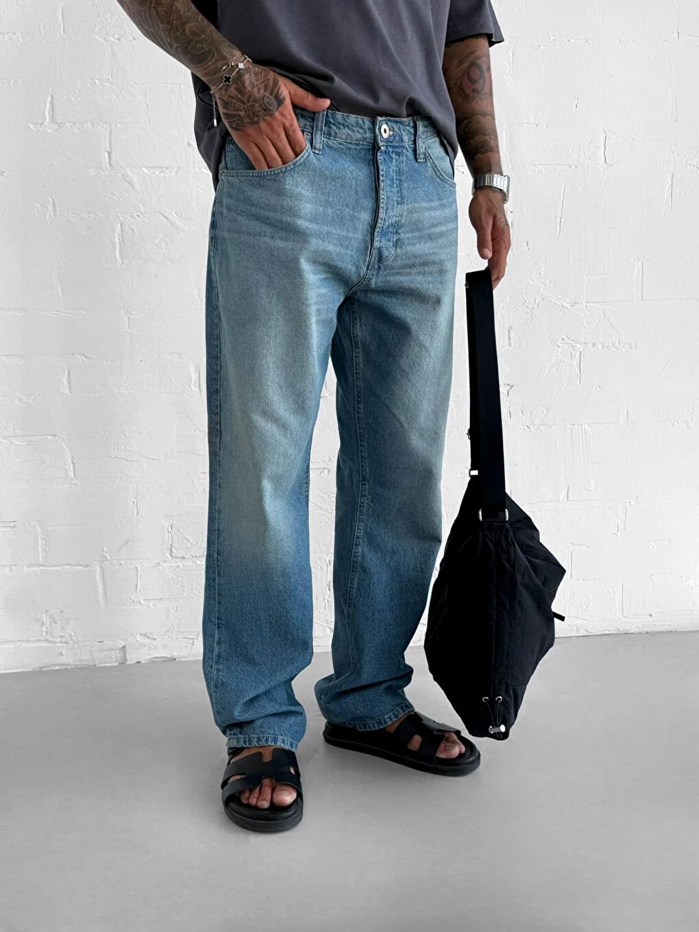 Erkek Yıkamalı Baggy Fit %100 Pamuk Jean Pantolon Açık Mavi