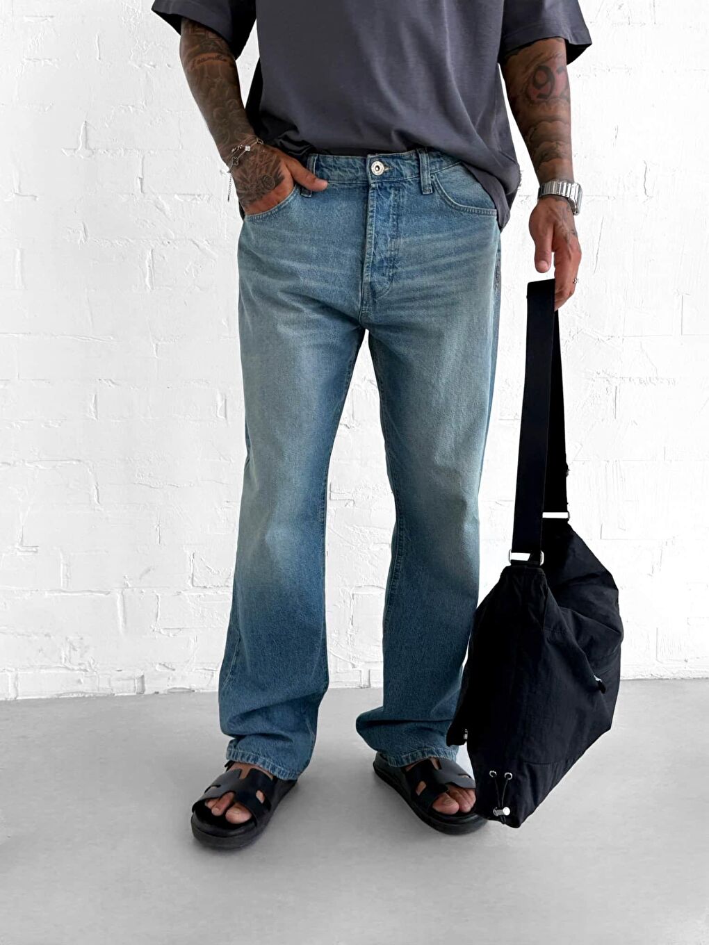 Erkek Yıkamalı Baggy Fit %100 Pamuk Jean Pantolon Açık Mavi-1