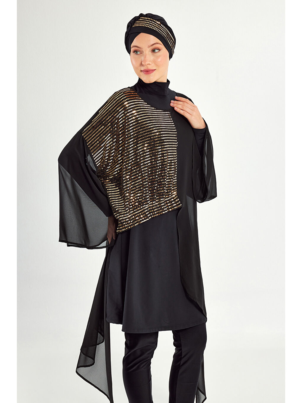 3 lü Pareolu Tasarım Elastanlı Tam Kapalı Tesettür Mayo Jorıe 1128 Siyah-1