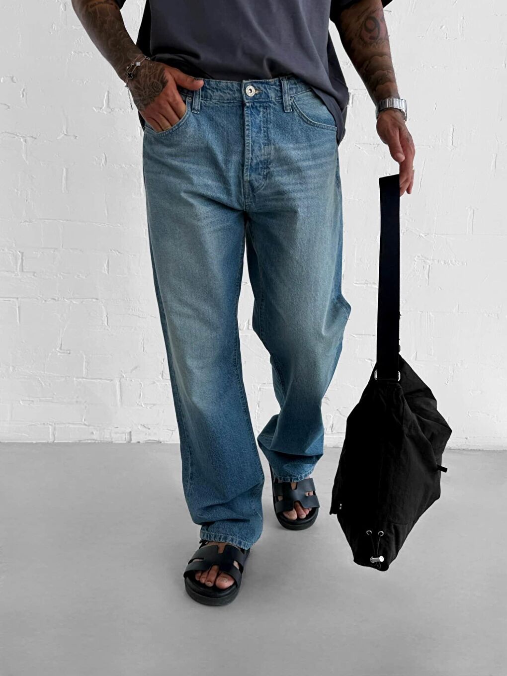 Erkek Yıkamalı Baggy Fit %100 Pamuk Jean Pantolon Açık Mavi-2