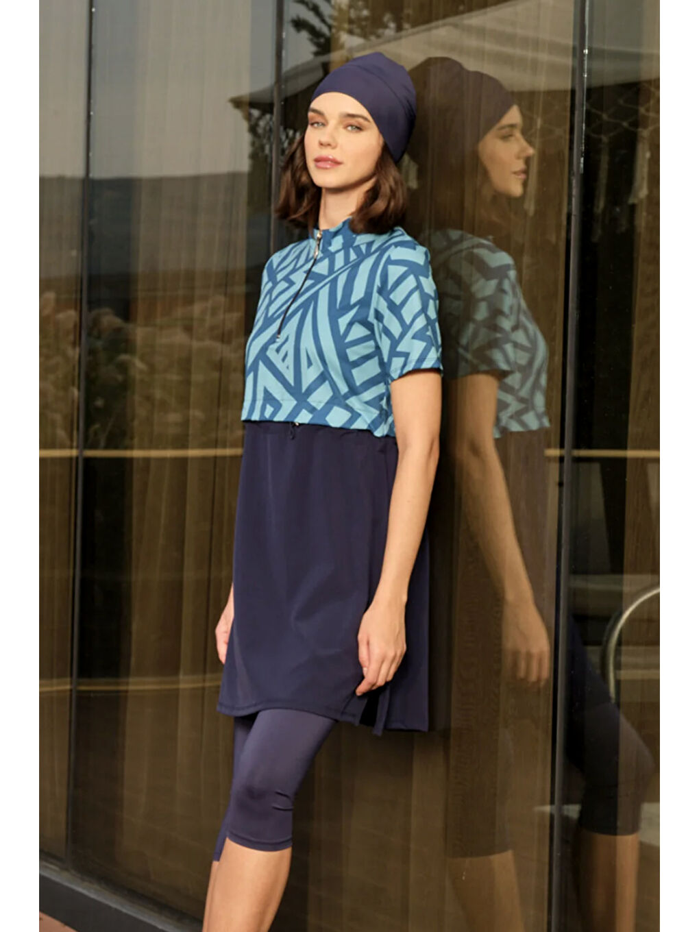 Spor Elastan Kısa Kollu Yarı Kapalı Mayo 3417 Lacivert Turkuaz-2