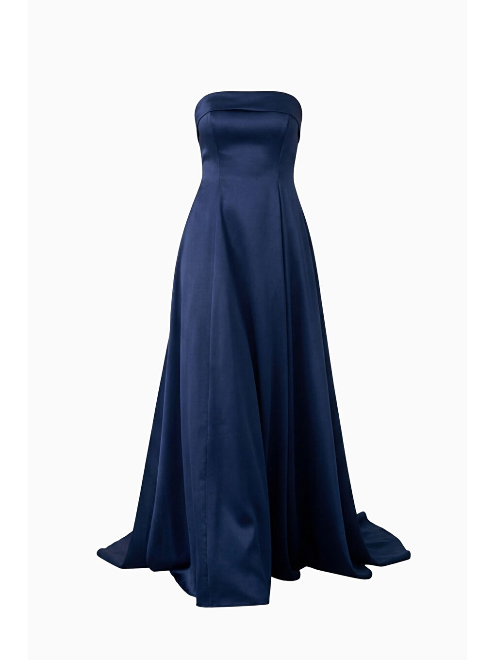 Kadın Lacivert Straplez Yaka Saten Uzun Kloş Abiye Elbise-6