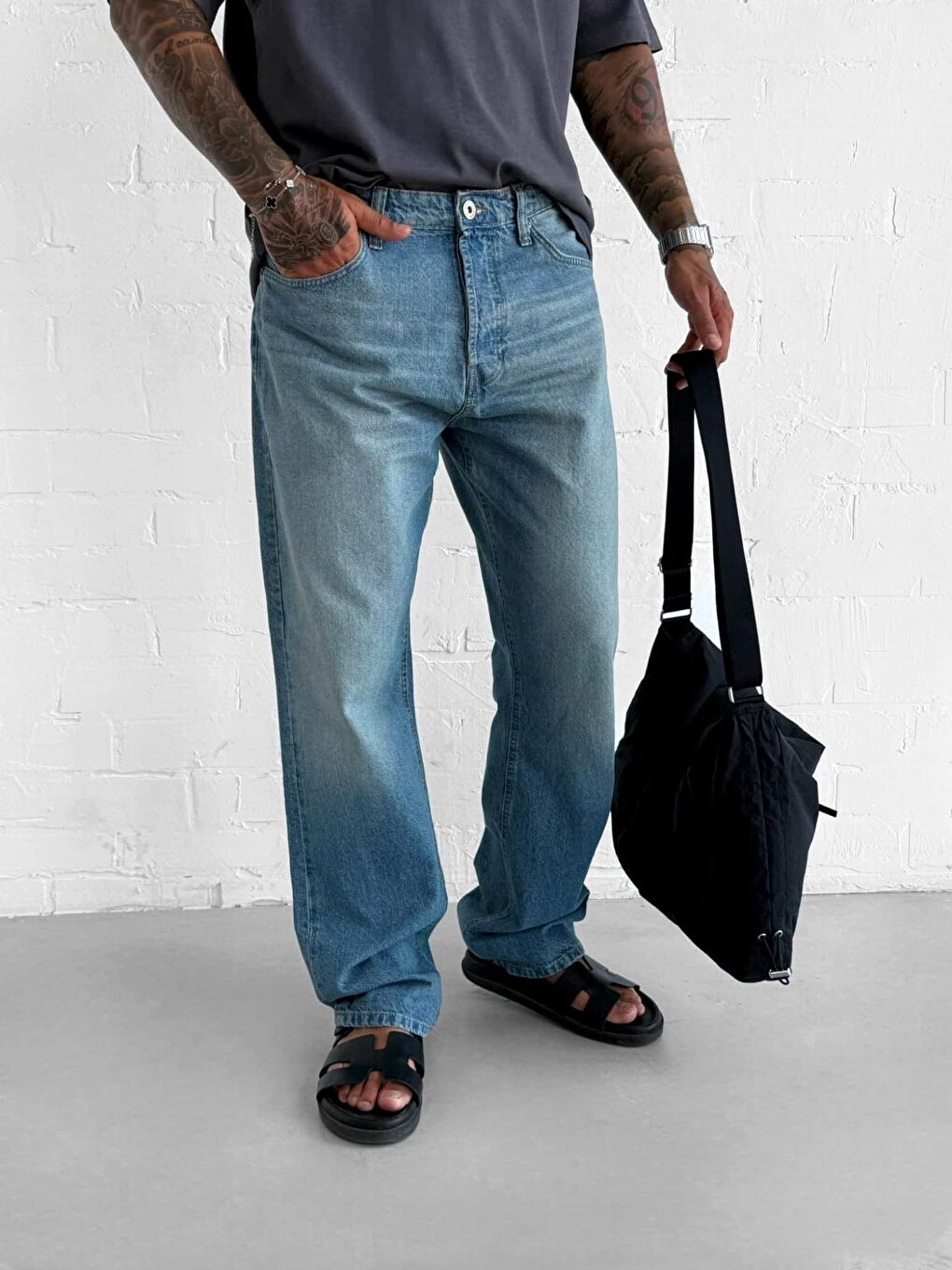 Erkek Yıkamalı Baggy Fit %100 Pamuk Jean Pantolon Açık Mavi-3