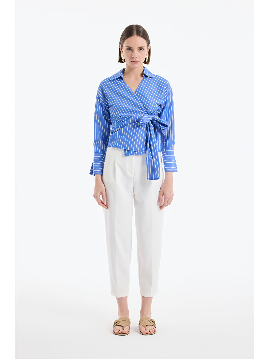 Kruvaze Bağlamalı Çizgili Bluz Koyu Mavi-2