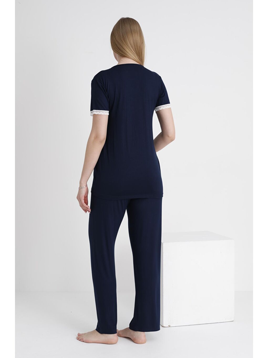Lacivert Dantel Şeritli V Yaka Sabahlıklı Hamile ve Lohusa Pijama Takımı-4