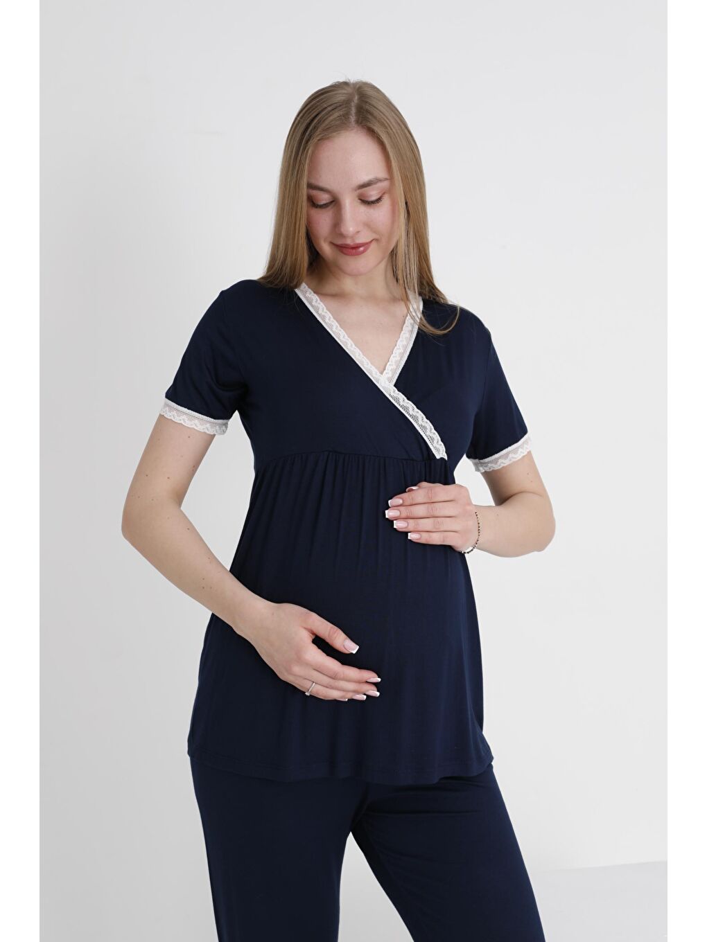 Lacivert Dantel Şeritli V Yaka Sabahlıklı Hamile ve Lohusa Pijama Takımı-5