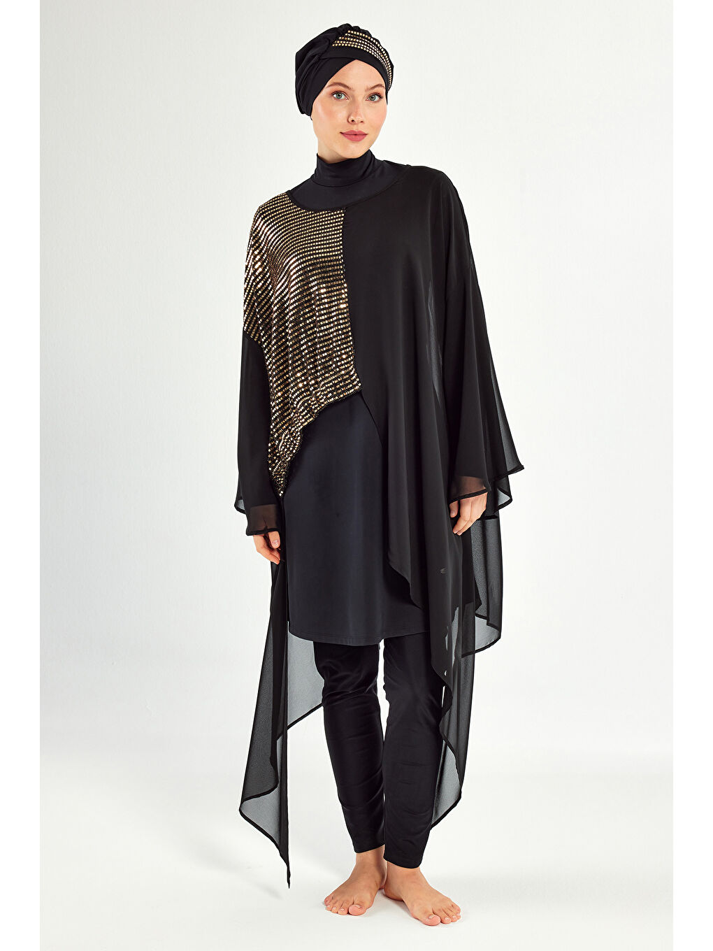 3 lü Pareolu Tasarım Elastanlı Tam Kapalı Tesettür Mayo Jorıe 1128 Siyah-2