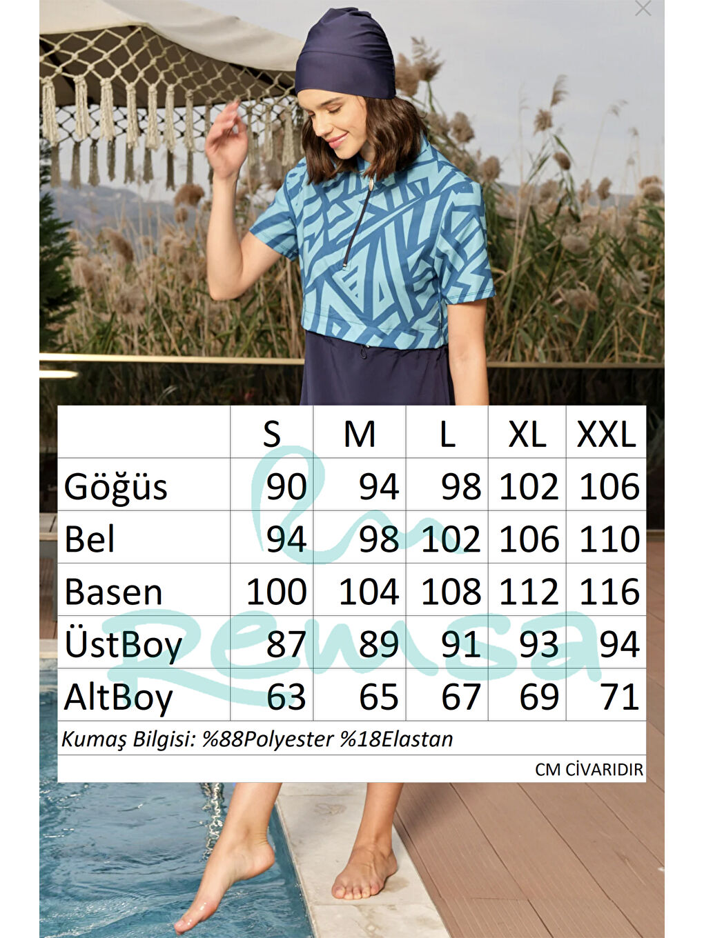 Spor Elastan Kısa Kollu Yarı Kapalı Mayo 3417 Lacivert Turkuaz-3