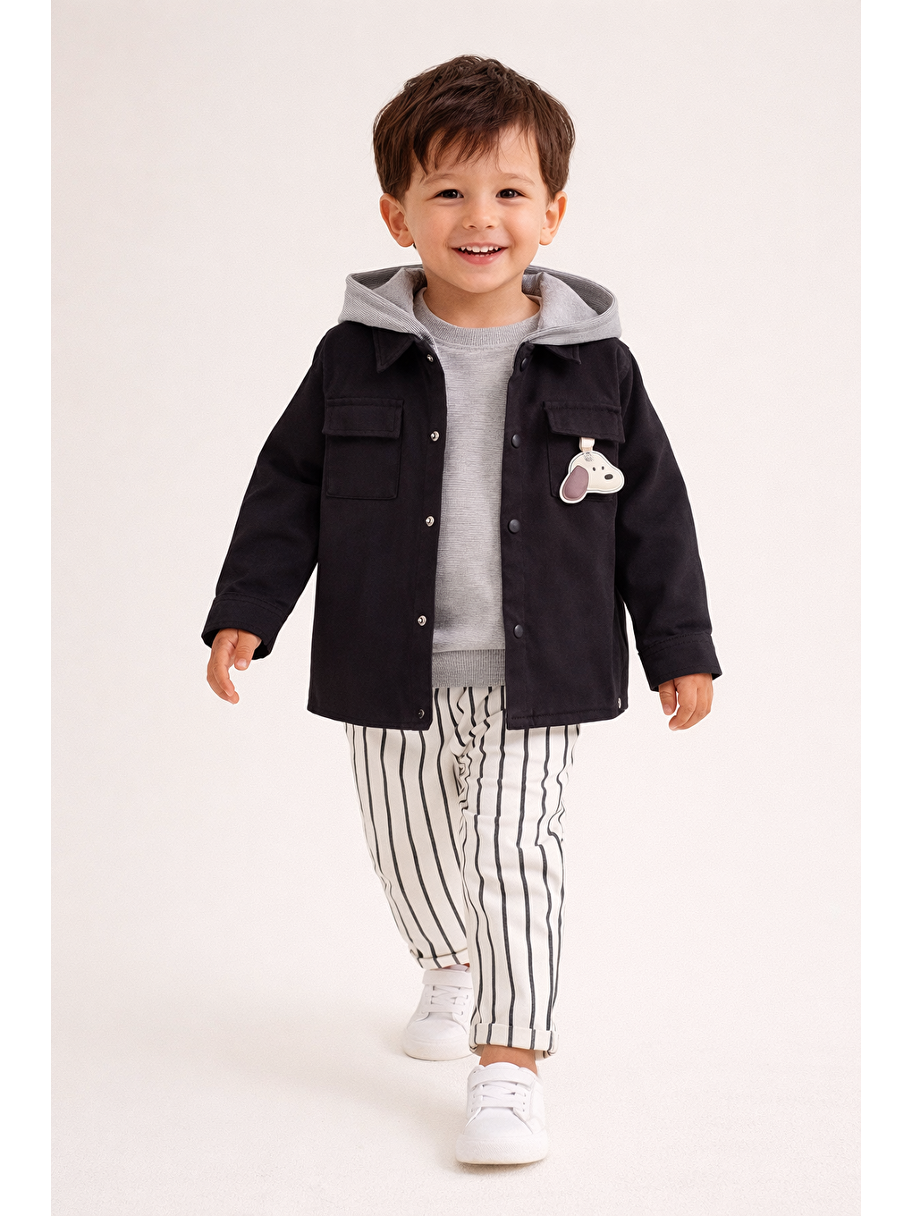 Lacivert Erkek Çocuk Kapüşonlu Ceket-Sweatshirt-Çizgili Pantolon 3'lü Takım (2-5 Yaş)