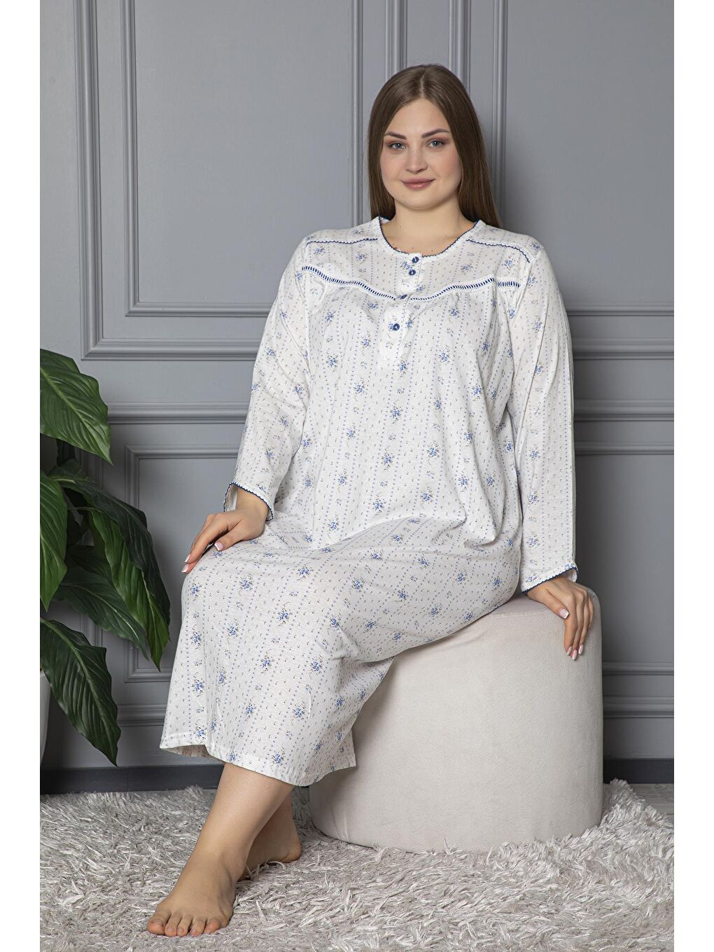 Mavi %100 Pamuklu Mevsimlik Uzun Kol Penye Büyük Beden Anne Geceliği 132-1