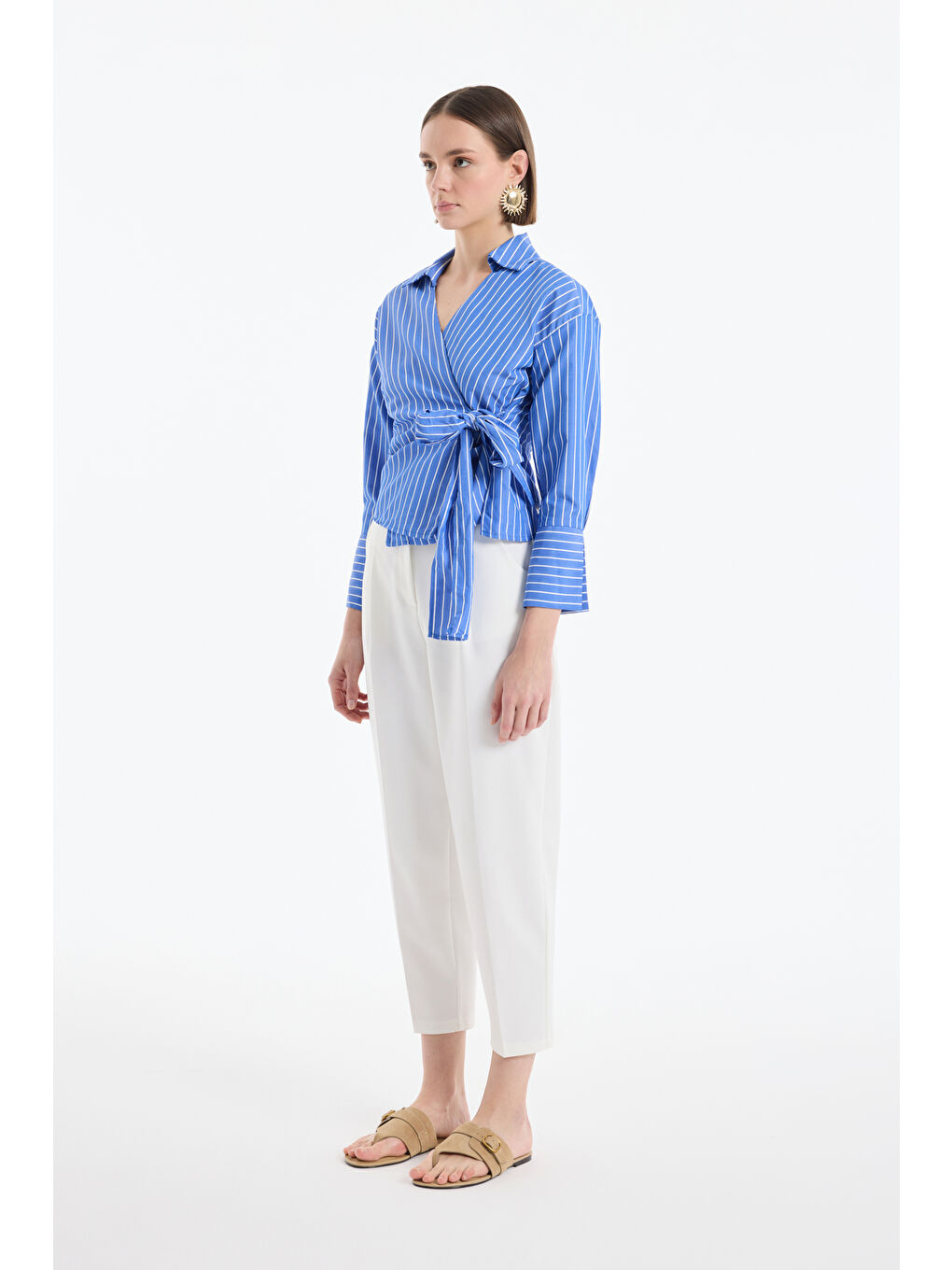 Kruvaze Bağlamalı Çizgili Bluz Koyu Mavi-3