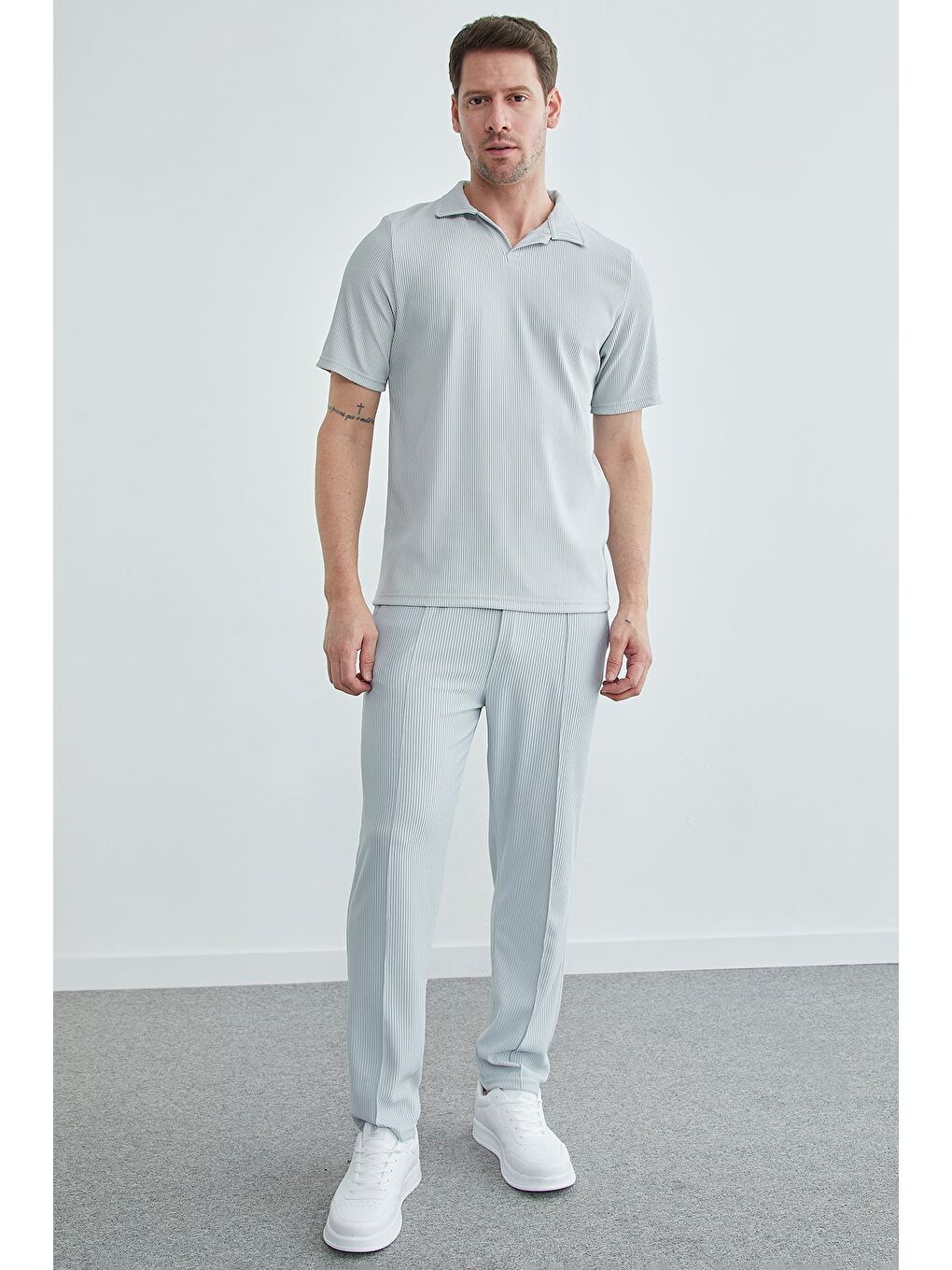 Gri Beli Lastikli Fitilli Çimalı Pantolon-2