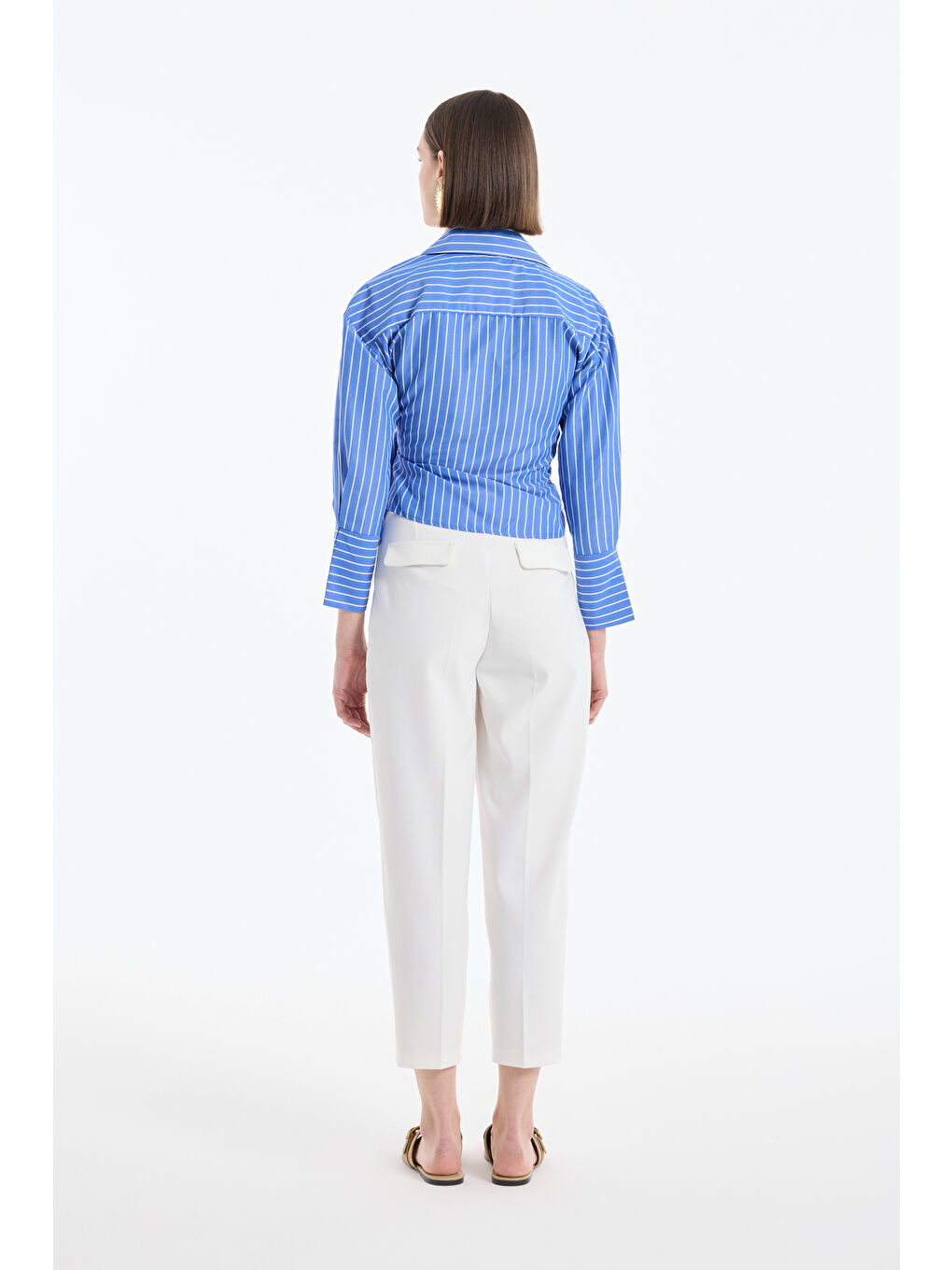 Kruvaze Bağlamalı Çizgili Bluz Koyu Mavi-4