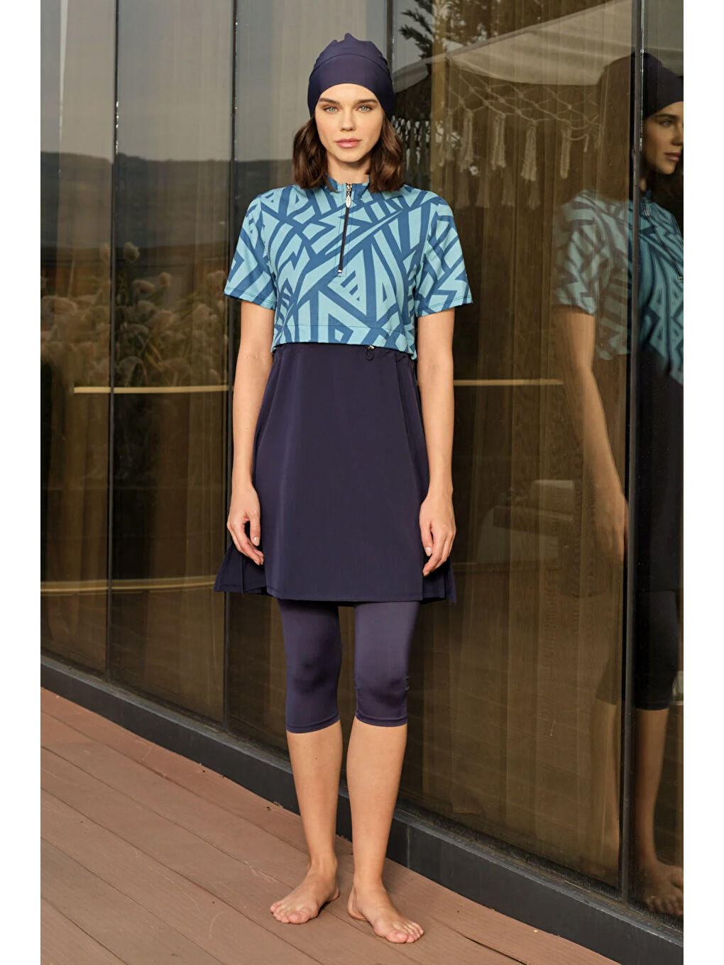 Spor Elastan Kısa Kollu Yarı Kapalı Mayo 3417 Lacivert Turkuaz-4