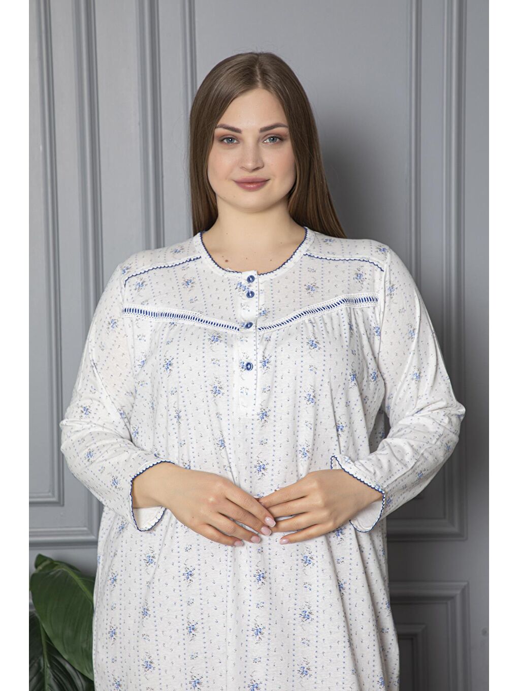 Mavi %100 Pamuklu Mevsimlik Uzun Kol Penye Büyük Beden Anne Geceliği 132-2