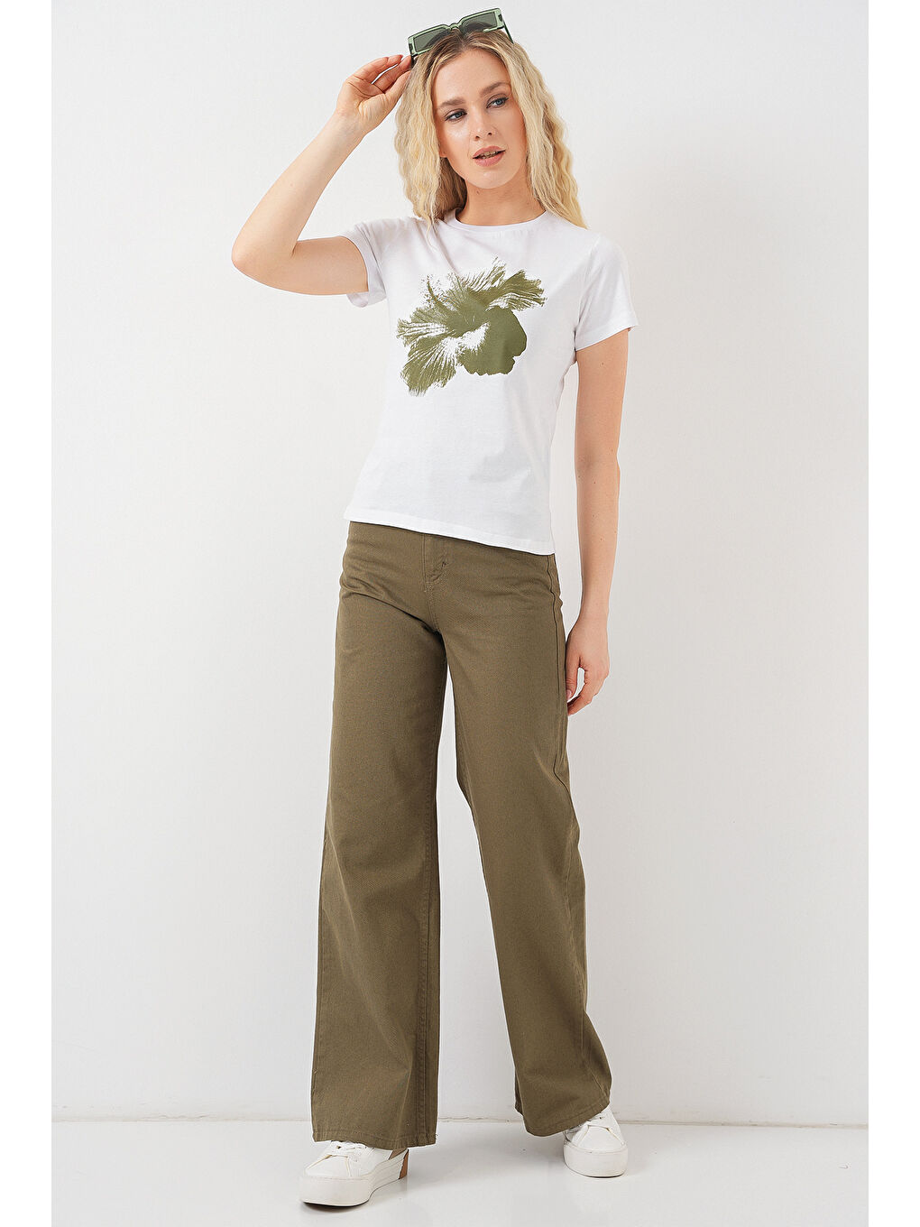 Kadın Baskılı Basic Tişört 4349 - Haki-1