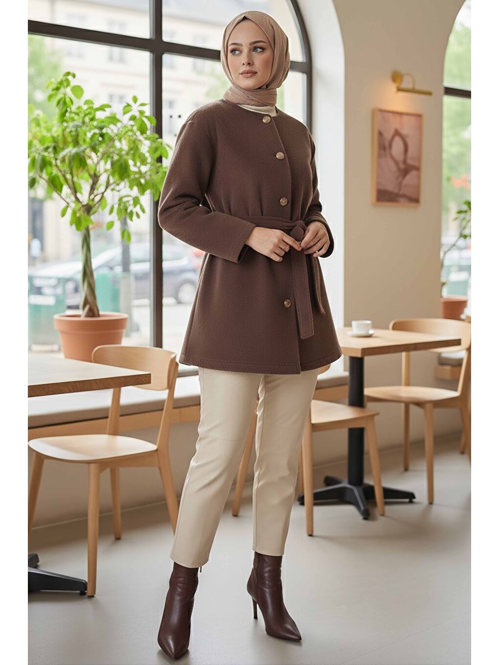 Bej Değmeli Kuşaklı Kaşe Ceket Vizon - 28008-VIZON-1
