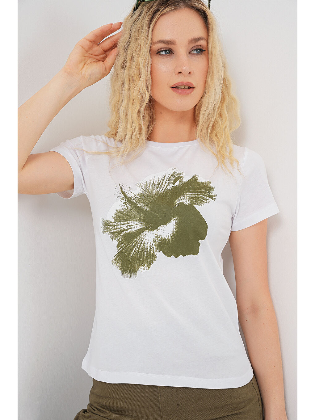 Kadın Baskılı Basic Tişört 4349 - Haki-2