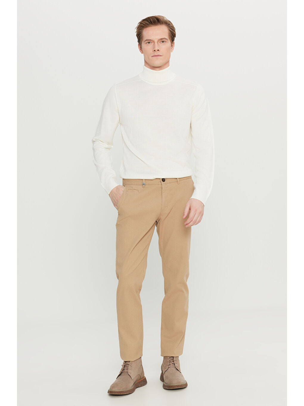 Bej Erkek Vizon Pamuklu Slim Fit Dar Kesim Yan Cepli Armürlü Esnek Casual Pantolon-2