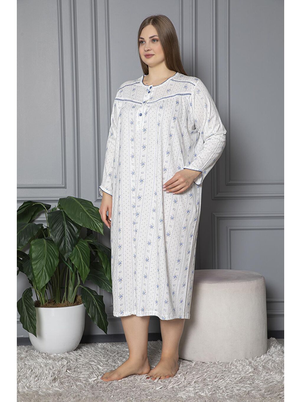 Mavi %100 Pamuklu Mevsimlik Uzun Kol Penye Büyük Beden Anne Geceliği 132-3
