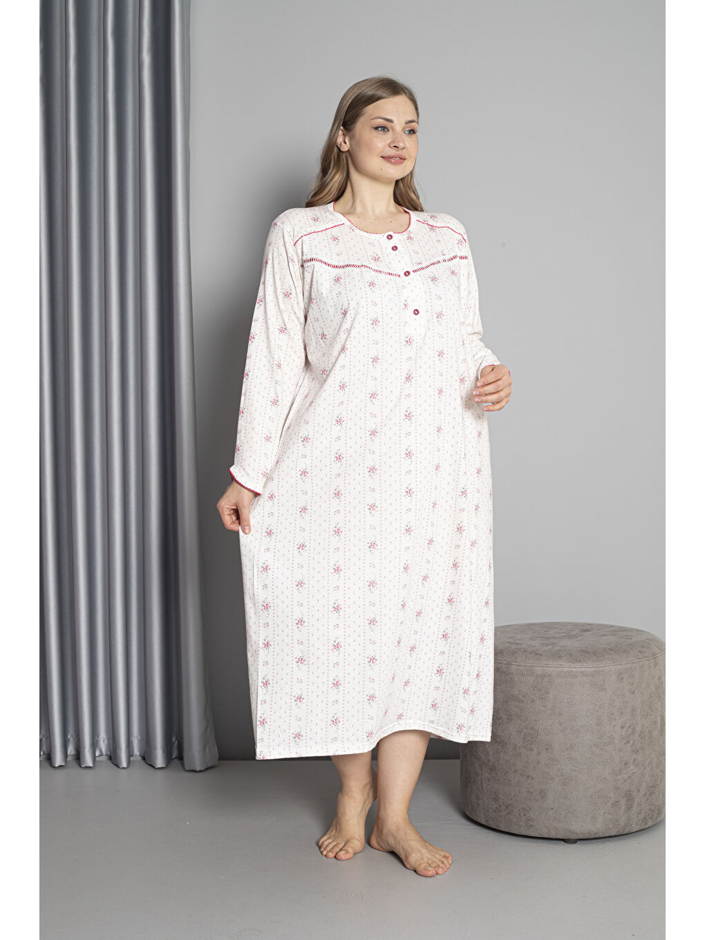 Fuşya %100 Pamuklu Mevsimlik Uzun Kol Penye Büyük Beden Anne Geceliği 132-1