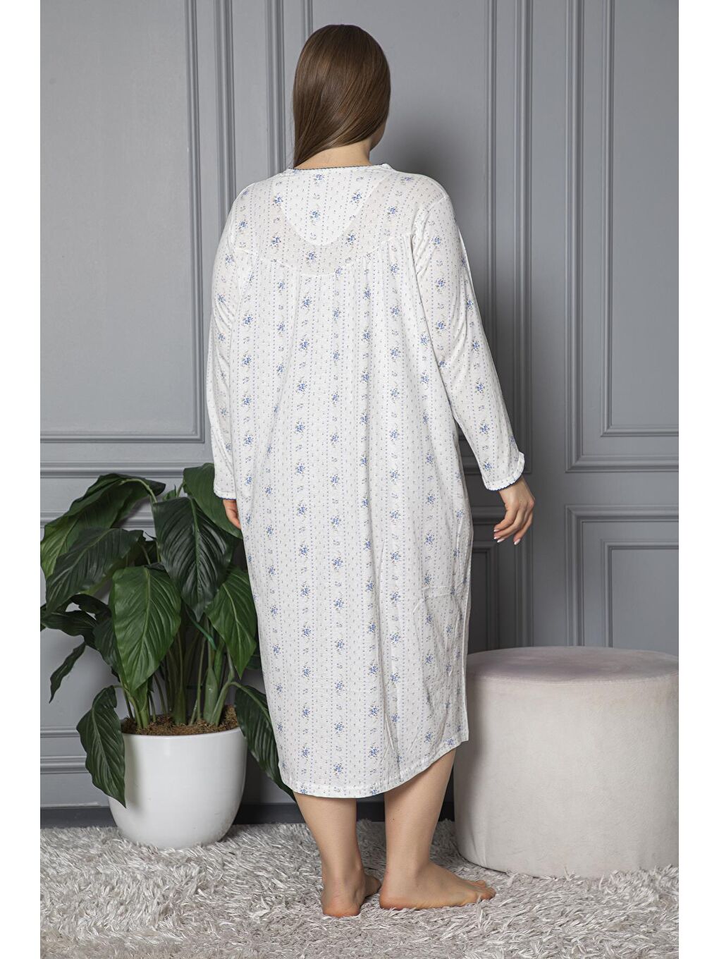 Mavi %100 Pamuklu Mevsimlik Uzun Kol Penye Büyük Beden Anne Geceliği 132-4