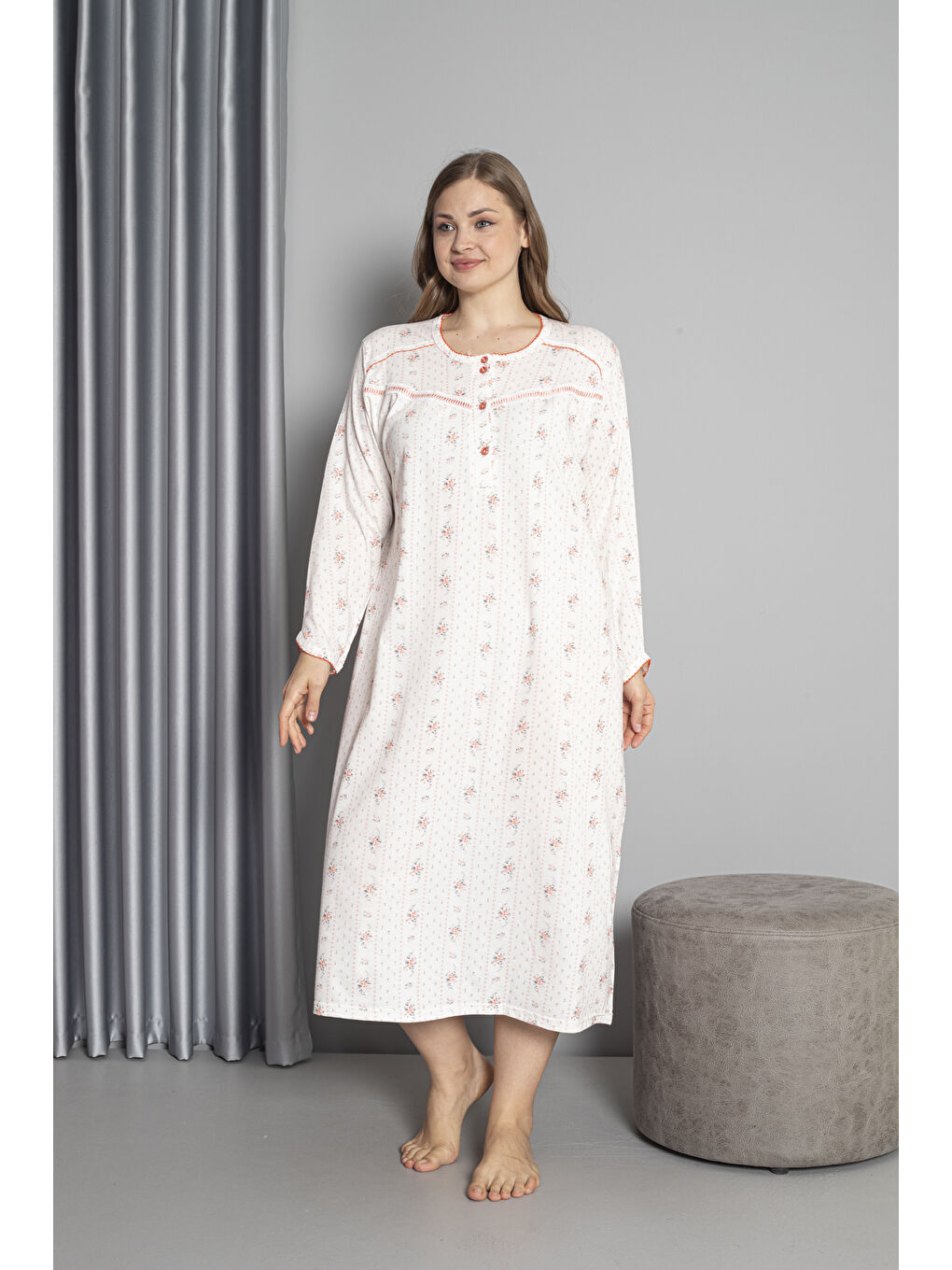 Kırmızı %100 Pamuklu Mevsimlik Uzun Kol Penye Büyük Beden Anne Geceliği 132-1