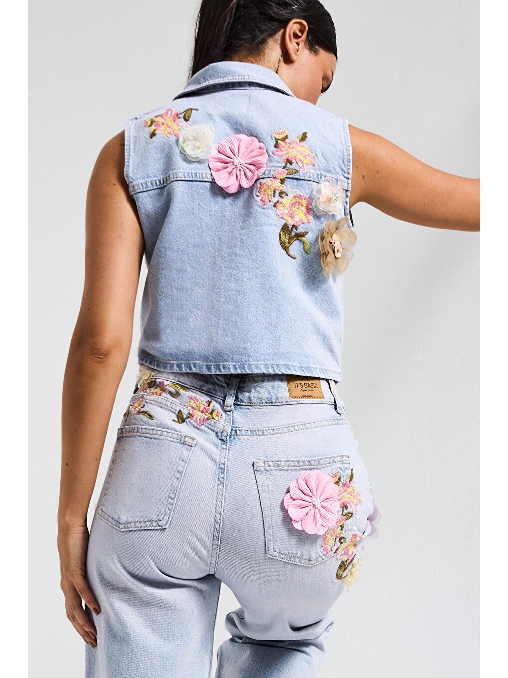 Mavi Kadın Jean Rengi 3s6-89 Crop Fit Gül ve Nakış Detaylı Özel Tasarım Denim Yelek-3