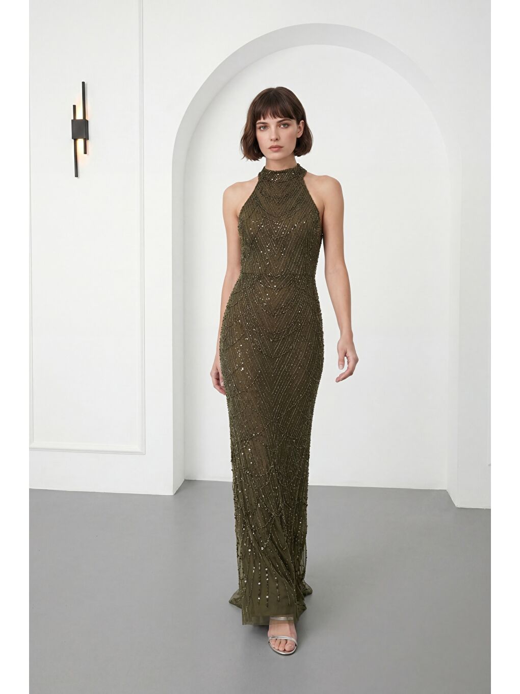 Kadın Haki Dar Kalıp Halter Yaka Taşlı Uzun Balık Abiye Elbise-1