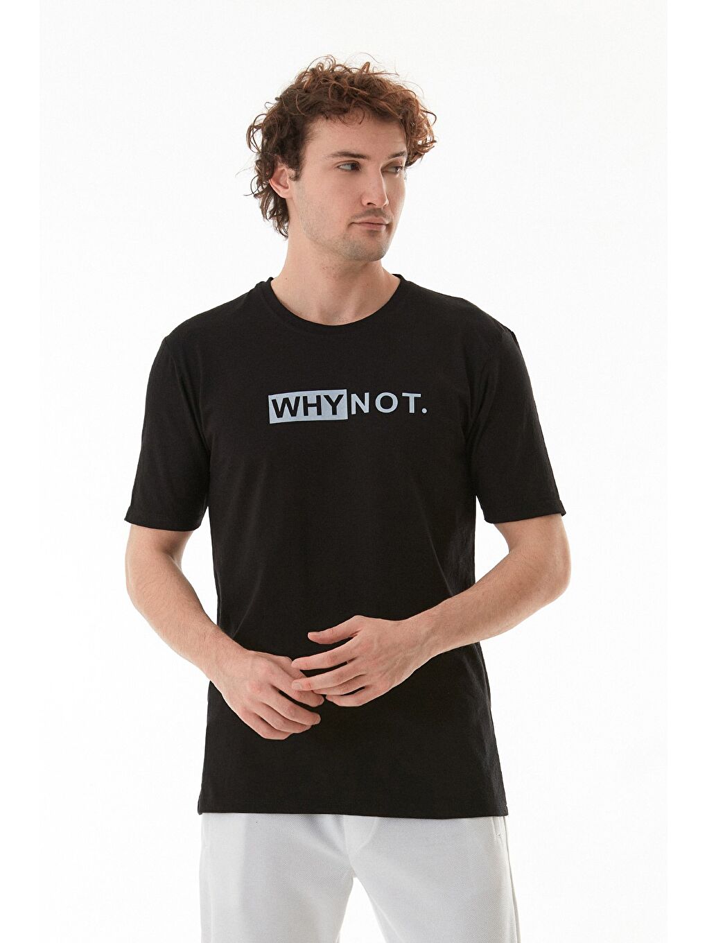 Siyah Why Not Yazı Baskılı Bisiklet Yaka Tişört-1