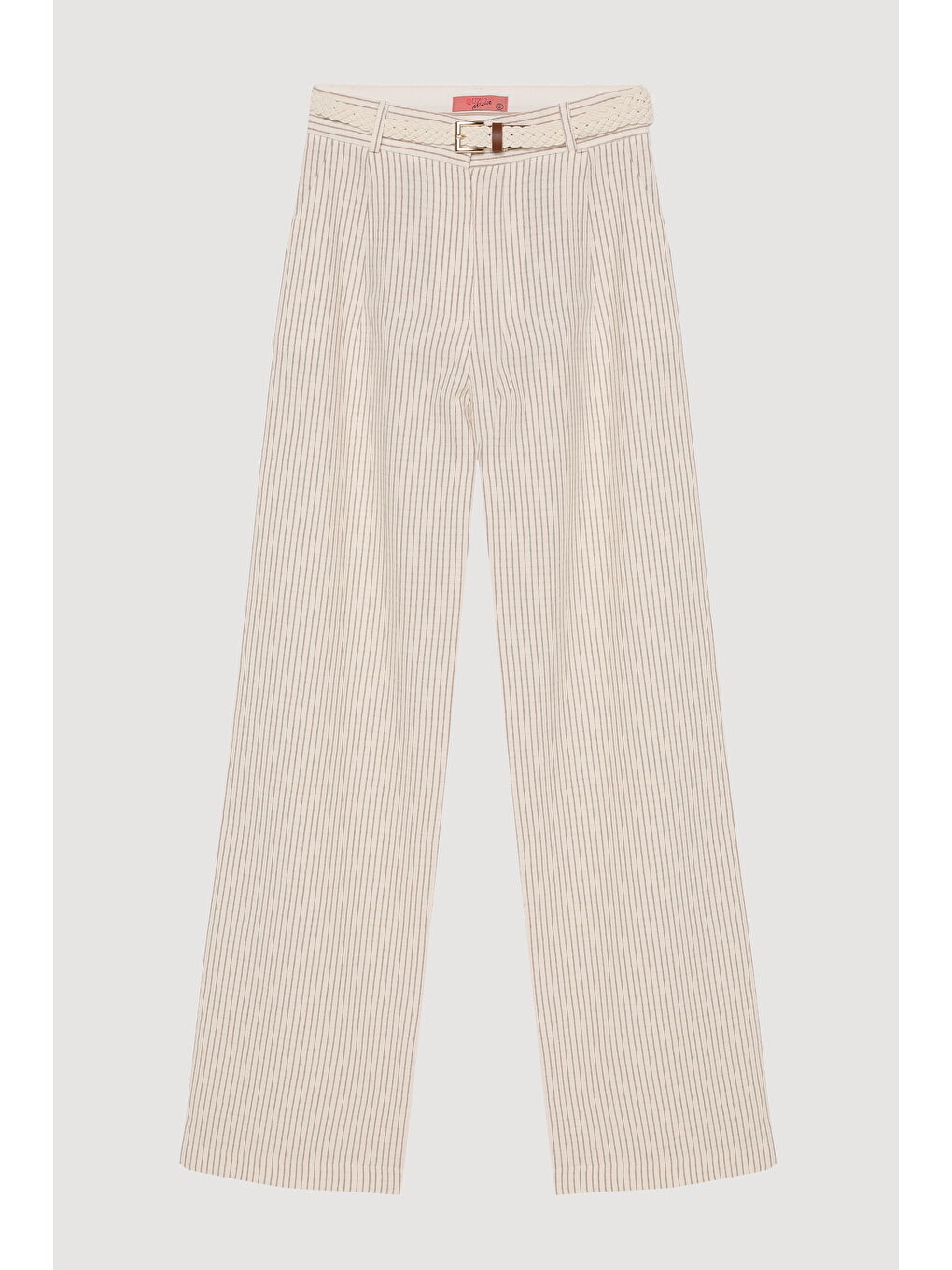 Bej Hasır Kemerli İnce Çizgili Pantolon Naturel