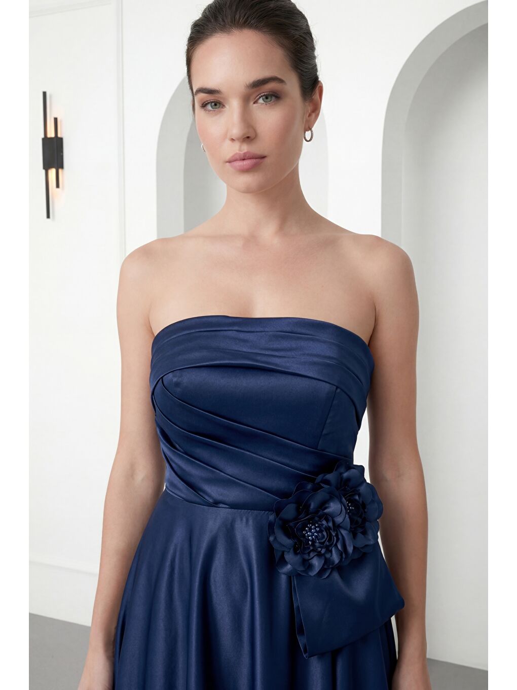 Kadın Lacivert Straplez Yaka Çiçek Detaylı Uzun Söz Nişan Nikah Abiye-2