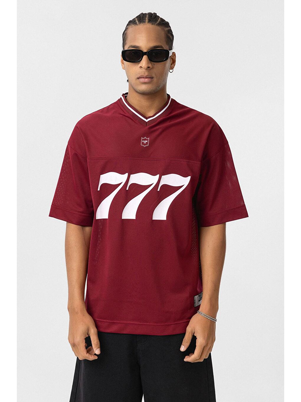 Oversize V Yaka Forma Tişört Bordo-1