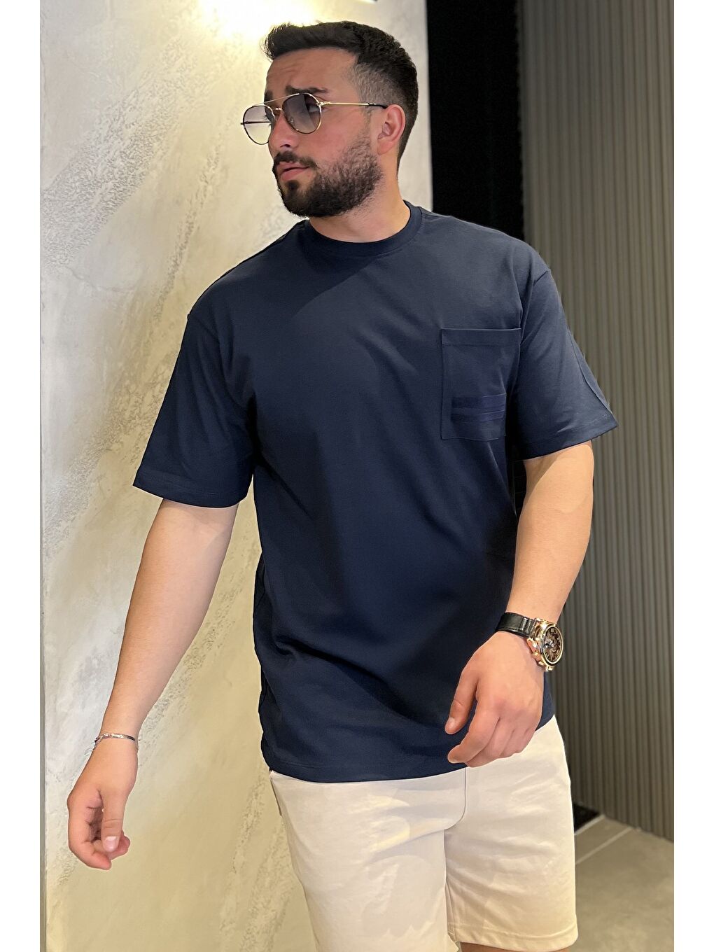 Lacivert Erkek Cepli Bisiklet Yaka Tişört