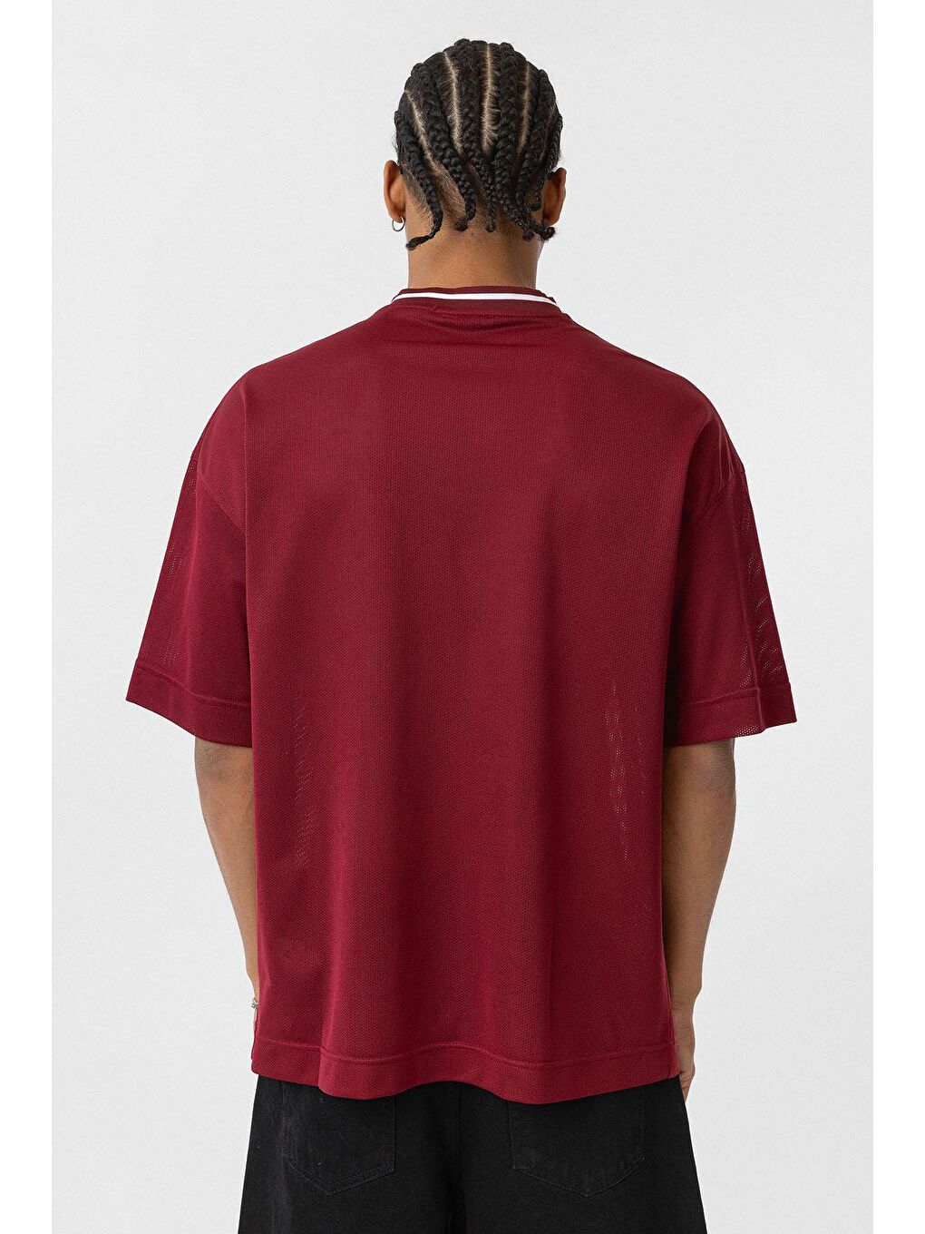 Oversize V Yaka Forma Tişört Bordo-2