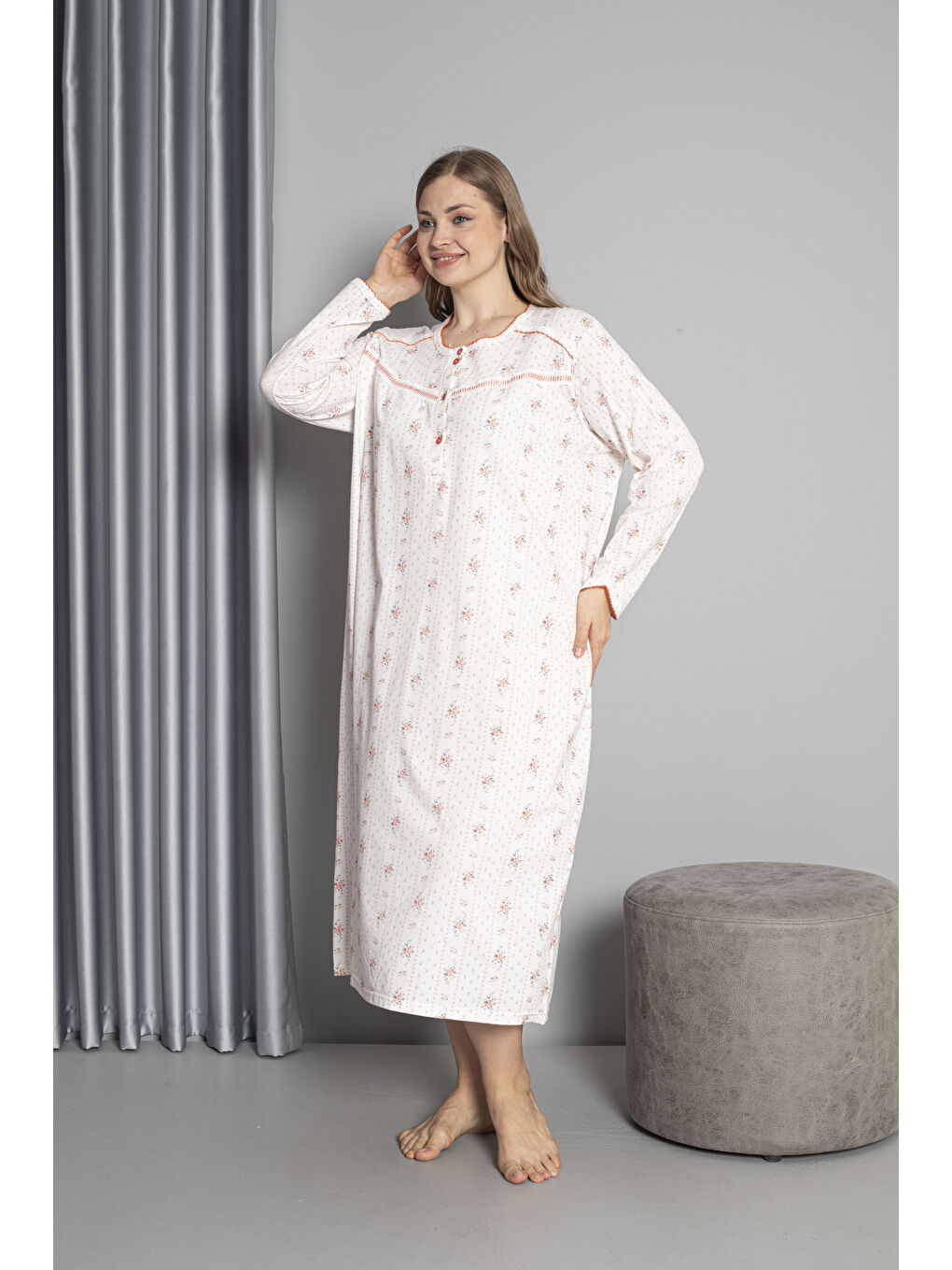 Kırmızı %100 Pamuklu Mevsimlik Uzun Kol Penye Büyük Beden Anne Geceliği 132-2