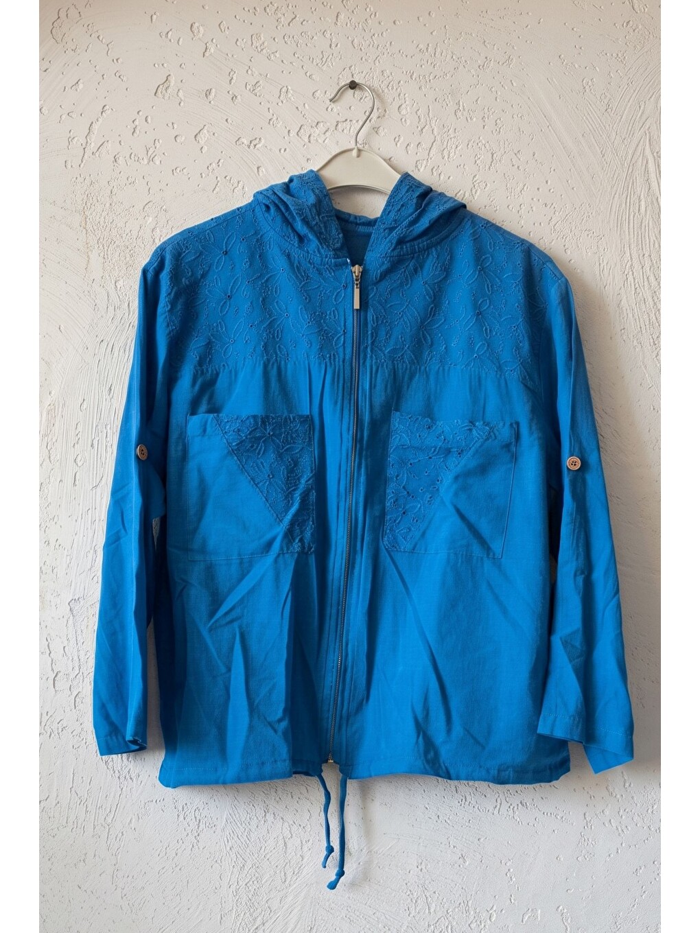 Saks Mavisi Kapüşonlu 3/4 Kol Fermuarlı Cepli Brodeli Casual Pamuklu Dokuma Ceket 60 60-1