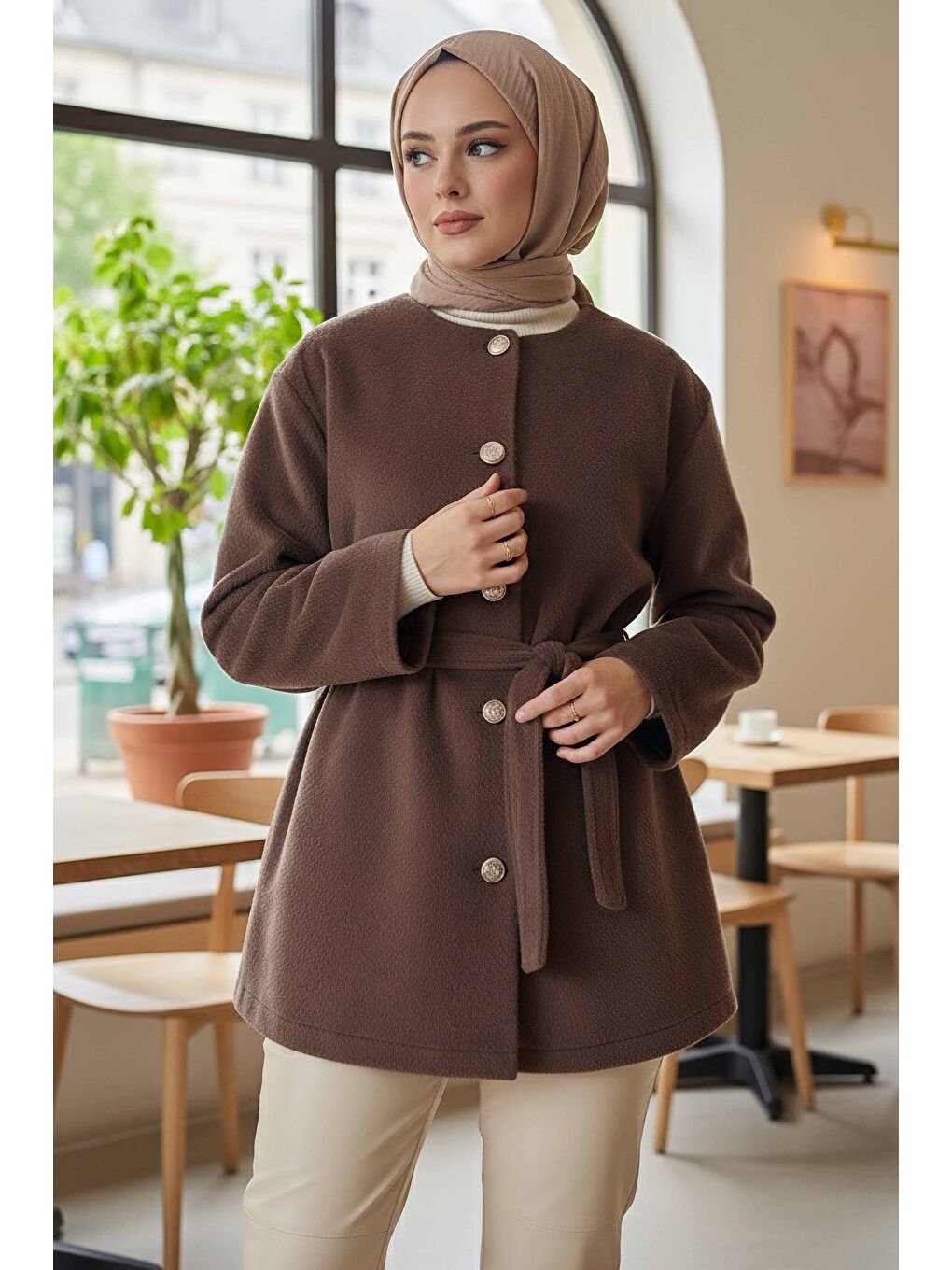 Bej Değmeli Kuşaklı Kaşe Ceket Vizon - 28008-VIZON-2