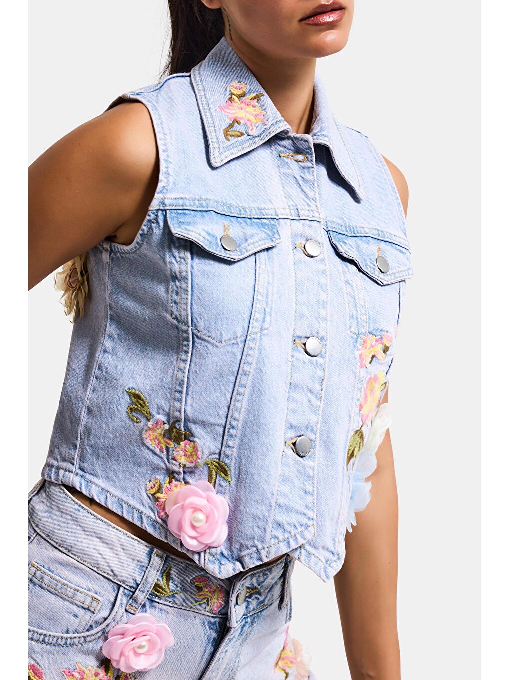 Mavi Kadın Jean Rengi 3s6-89 Crop Fit Gül ve Nakış Detaylı Özel Tasarım Denim Yelek-4