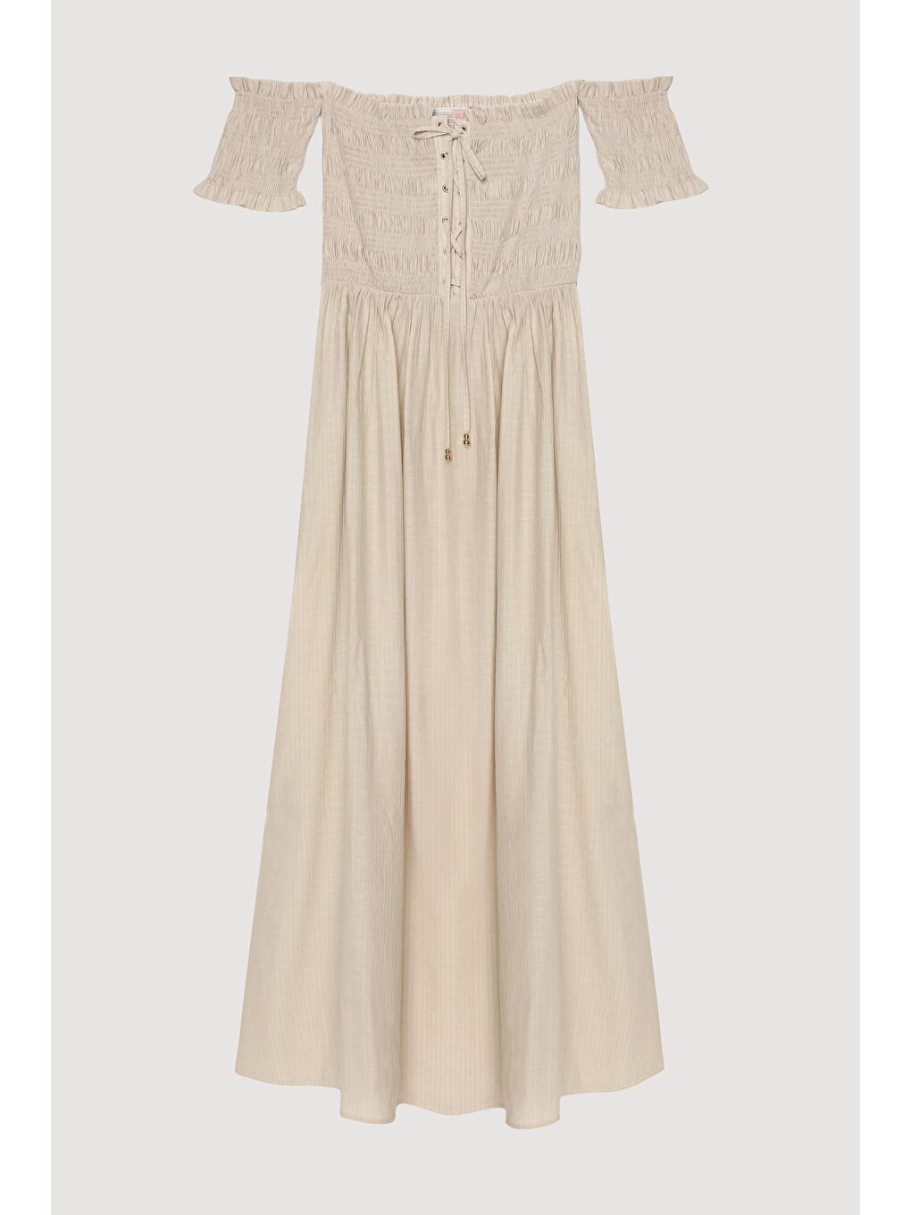 Kuş Gözü Bağlamalı Düşük Omuz Elbise Bej