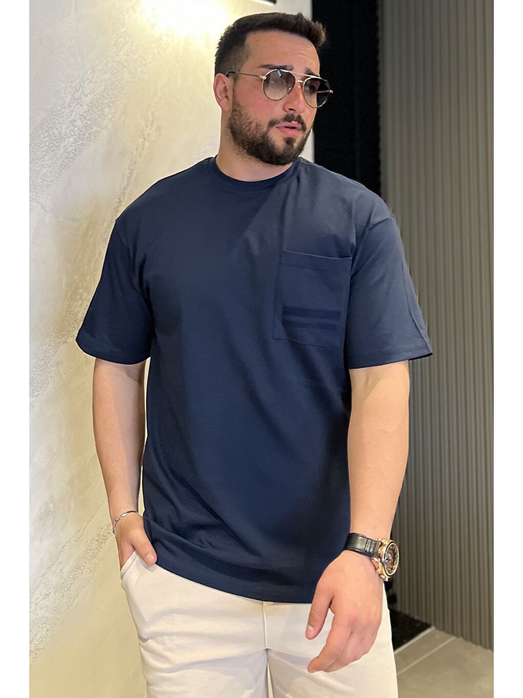 Lacivert Erkek Cepli Bisiklet Yaka Tişört-1
