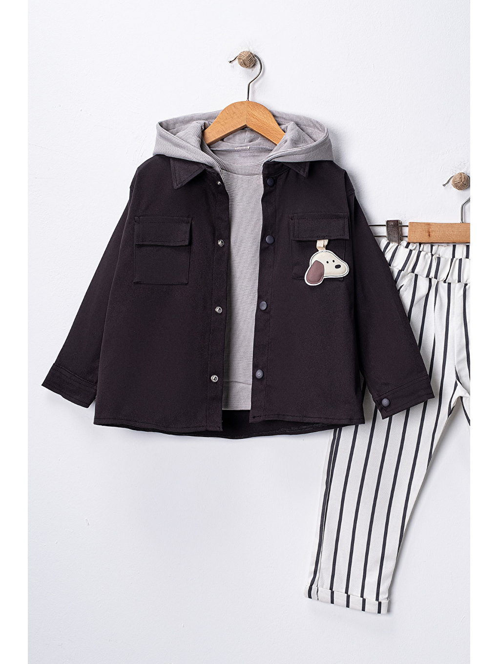 Lacivert Erkek Çocuk Kapüşonlu Ceket-Sweatshirt-Çizgili Pantolon 3'lü Takım (2-5 Yaş)-1