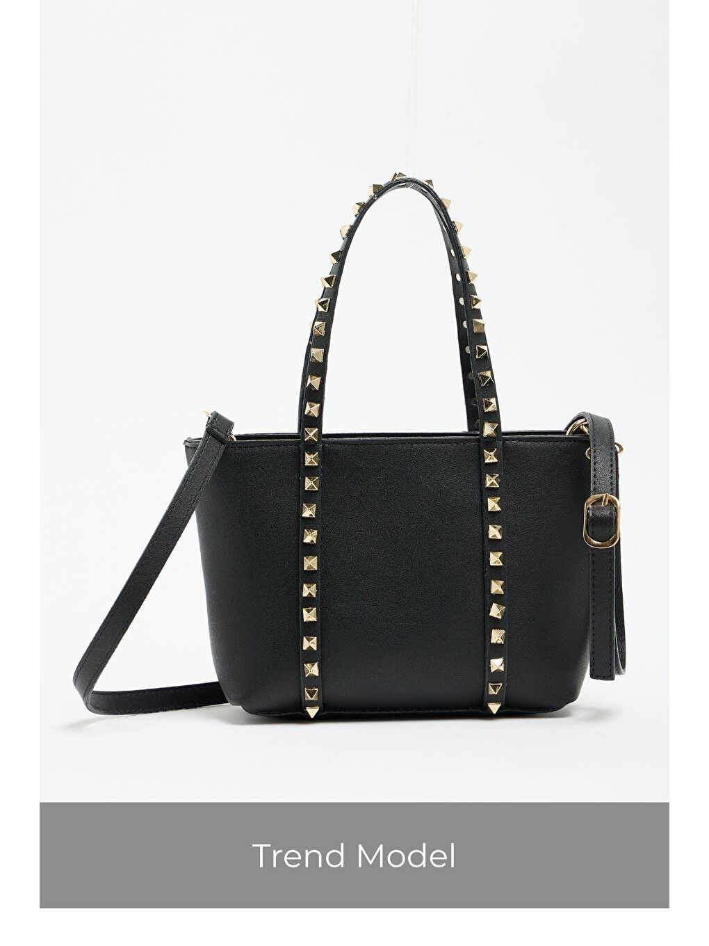 Siyah Kadın Küçük Boy Zımba Detaylı Pu Deri Tokalı El Ve Omuz Çantası-2