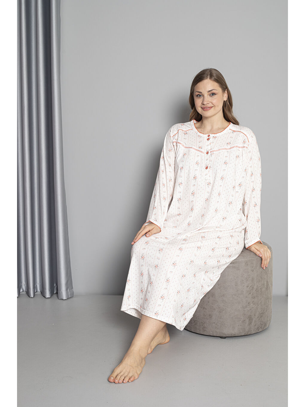 Kırmızı %100 Pamuklu Mevsimlik Uzun Kol Penye Büyük Beden Anne Geceliği 132-3