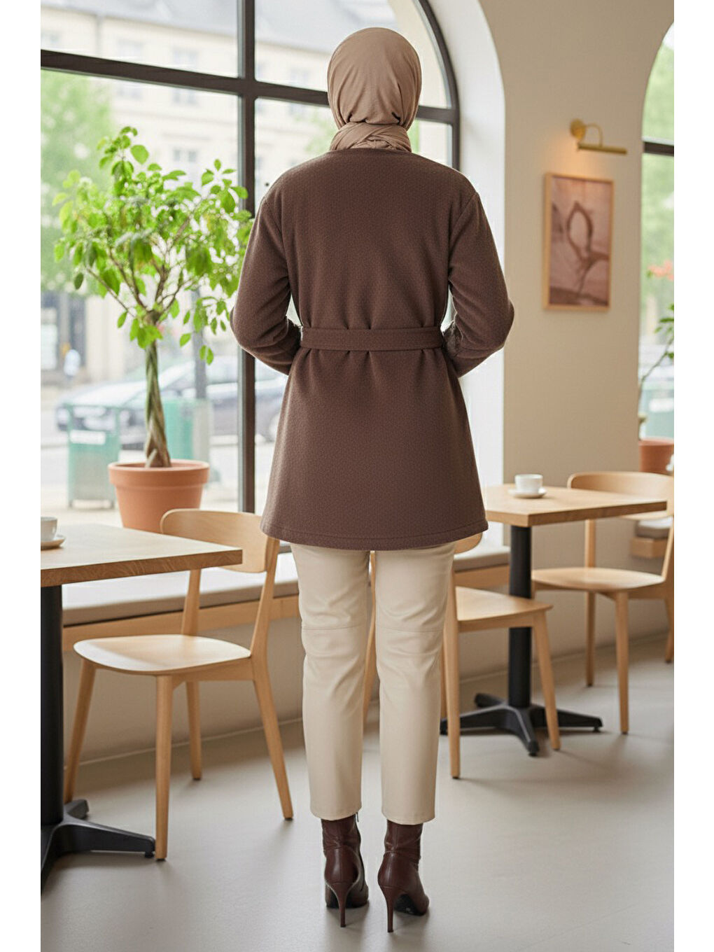 Bej Değmeli Kuşaklı Kaşe Ceket Vizon - 28008-VIZON-3