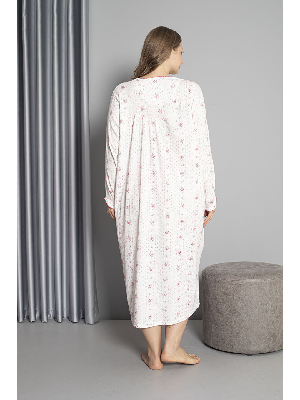 Fuşya %100 Pamuklu Mevsimlik Uzun Kol Penye Büyük Beden Anne Geceliği 132-4