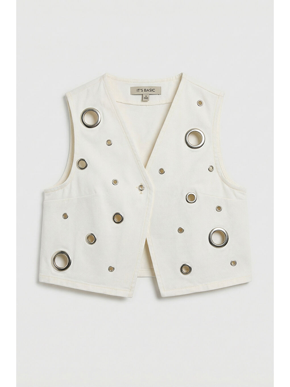 Kadın Kırık Beyaz 7s6-101 Crop Kuş Gözü Detaylı Özel Tasarım Denim Yelek-1