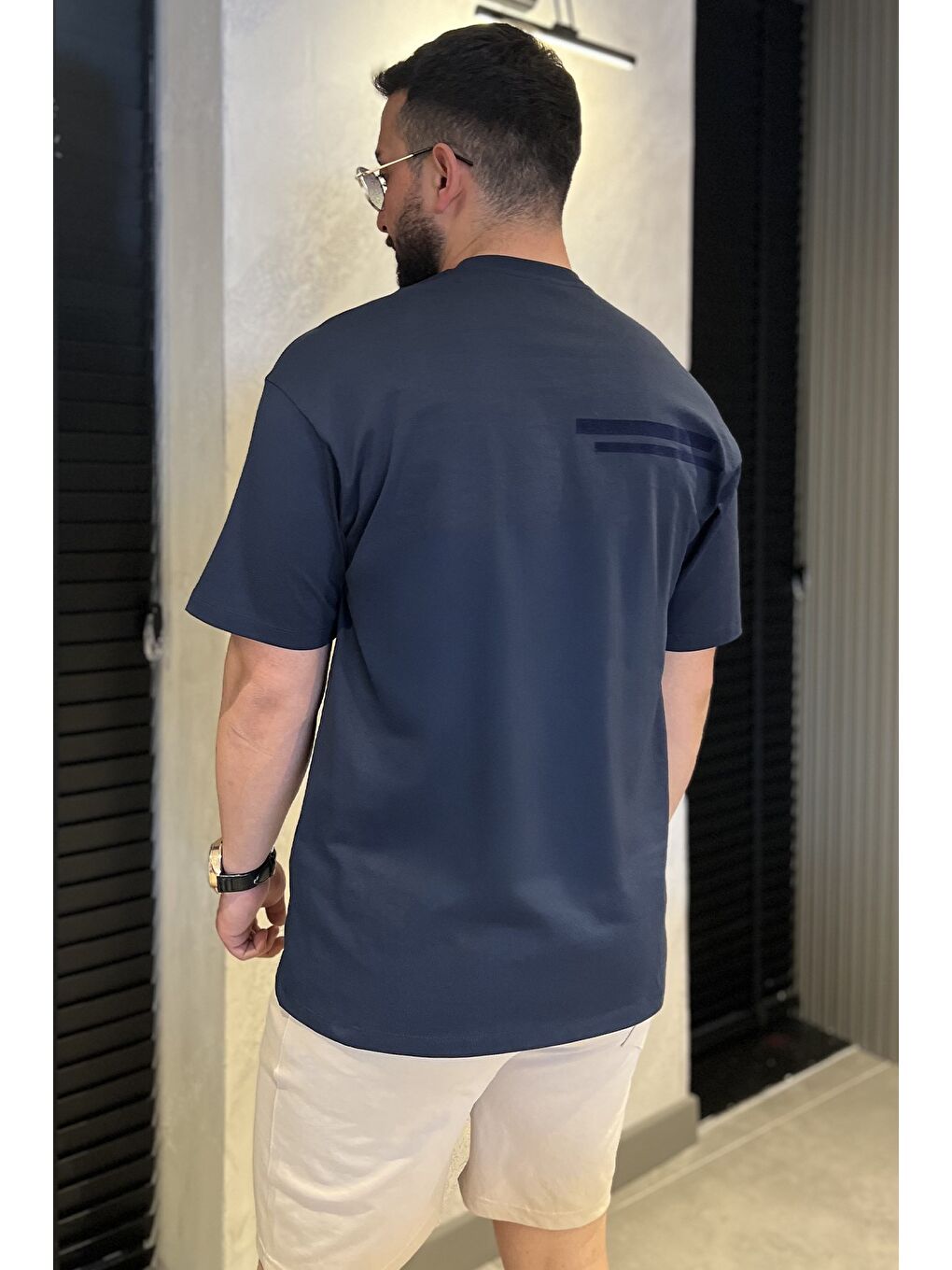 Lacivert Erkek Cepli Bisiklet Yaka Tişört-2