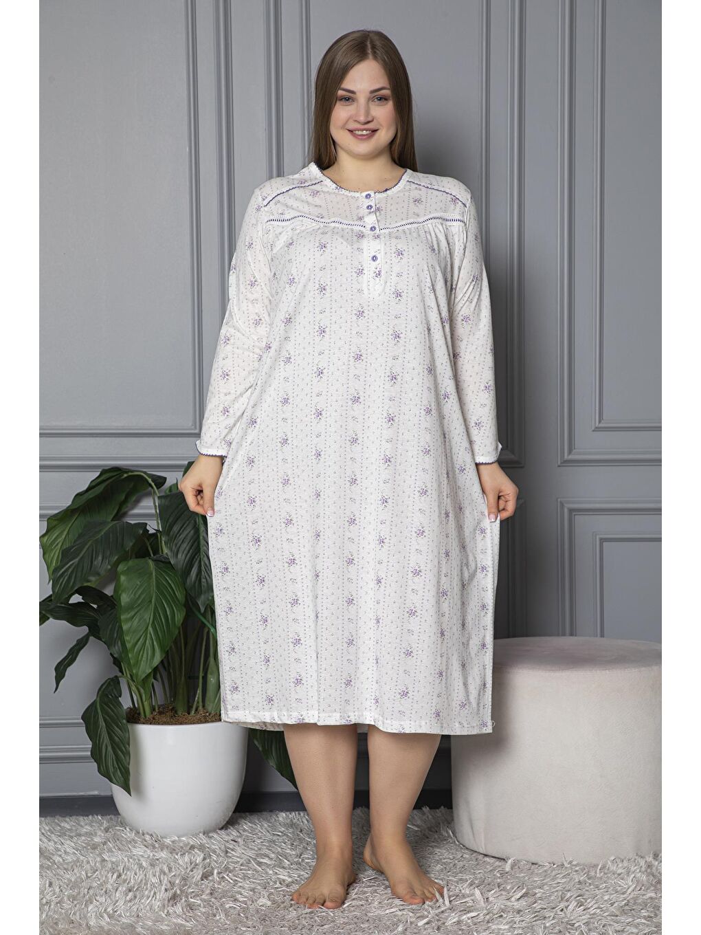 Lila %100 Pamuklu Mevsimlik Uzun Kol Penye Büyük Beden Anne Geceliği 132